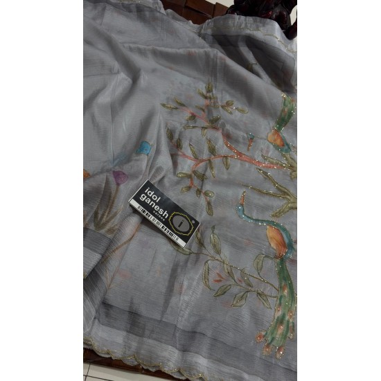 IG7752:lite weight pure crape crush touch hand printed sarees 